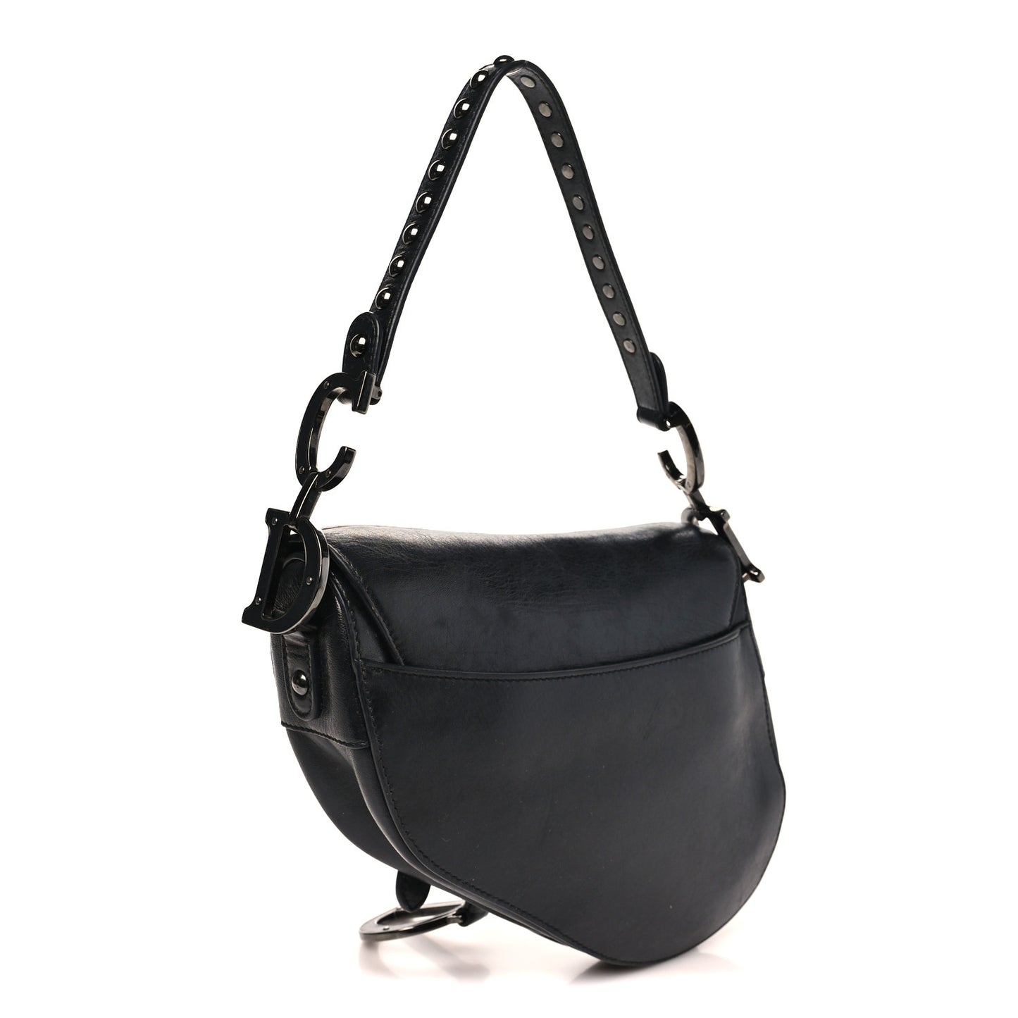 Shiny Crinkled Calfskin Studded Saddle Bag Black