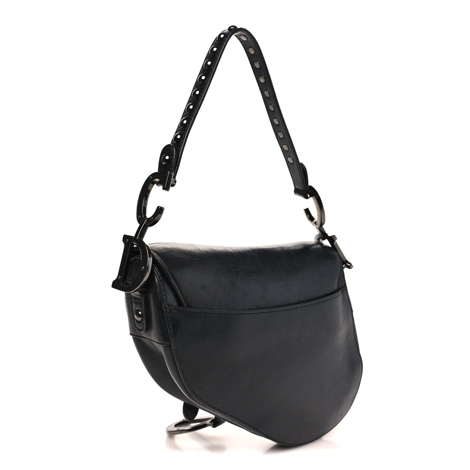 Christian Dior Shiny Crinkled Calfskin Studded Saddle Bag Black 3 of 10