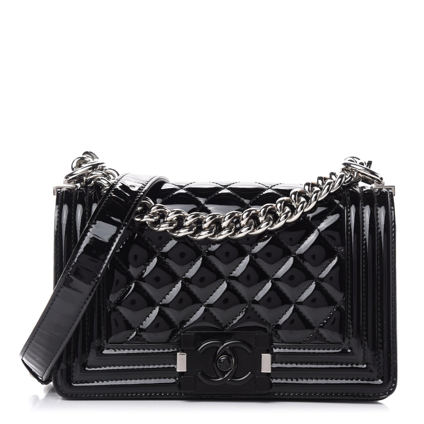 Patent Calfskin Quilted Small Boy Flap Black