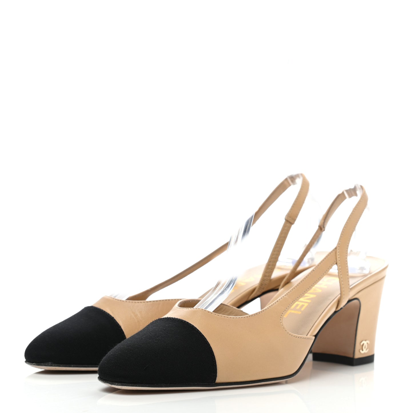 Goatskin Grosgrain Cap Toe CC Slingback Pumps 37 Beige Black