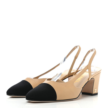 Chanel Goatskin Grosgrain Cap Toe CC Slingback Pumps 37 Beige Black 3 of 7