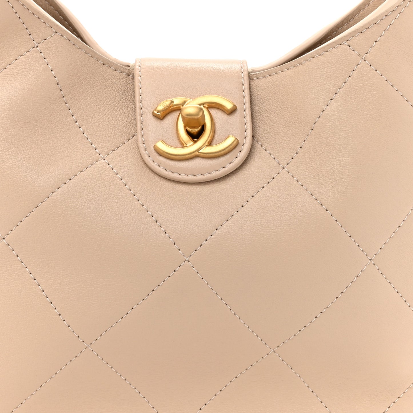 Shiny Lambskin Quilted Small Hobo Beige