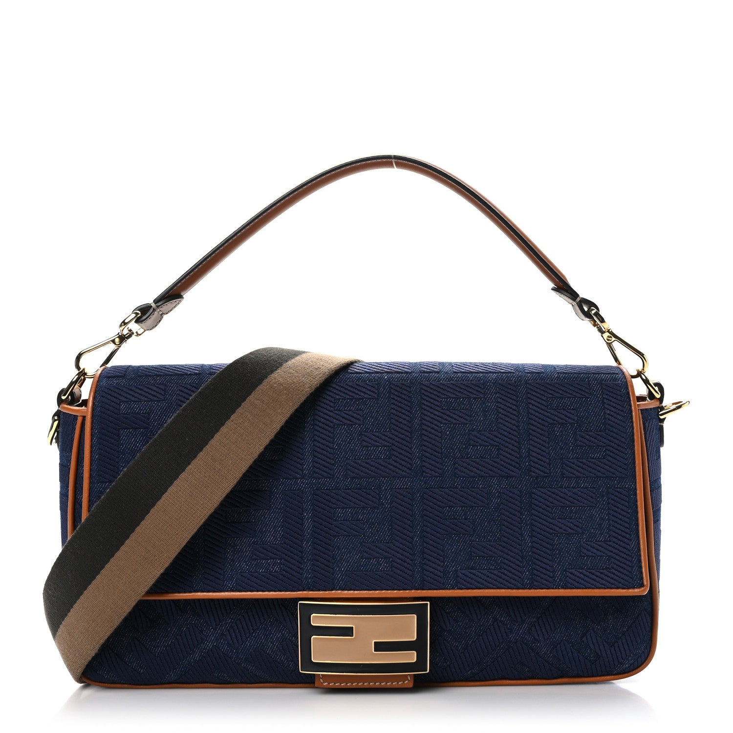Fendi Denim Vitello King FF Embroidered Large Baguette Blue Cuoio 1 of 8
