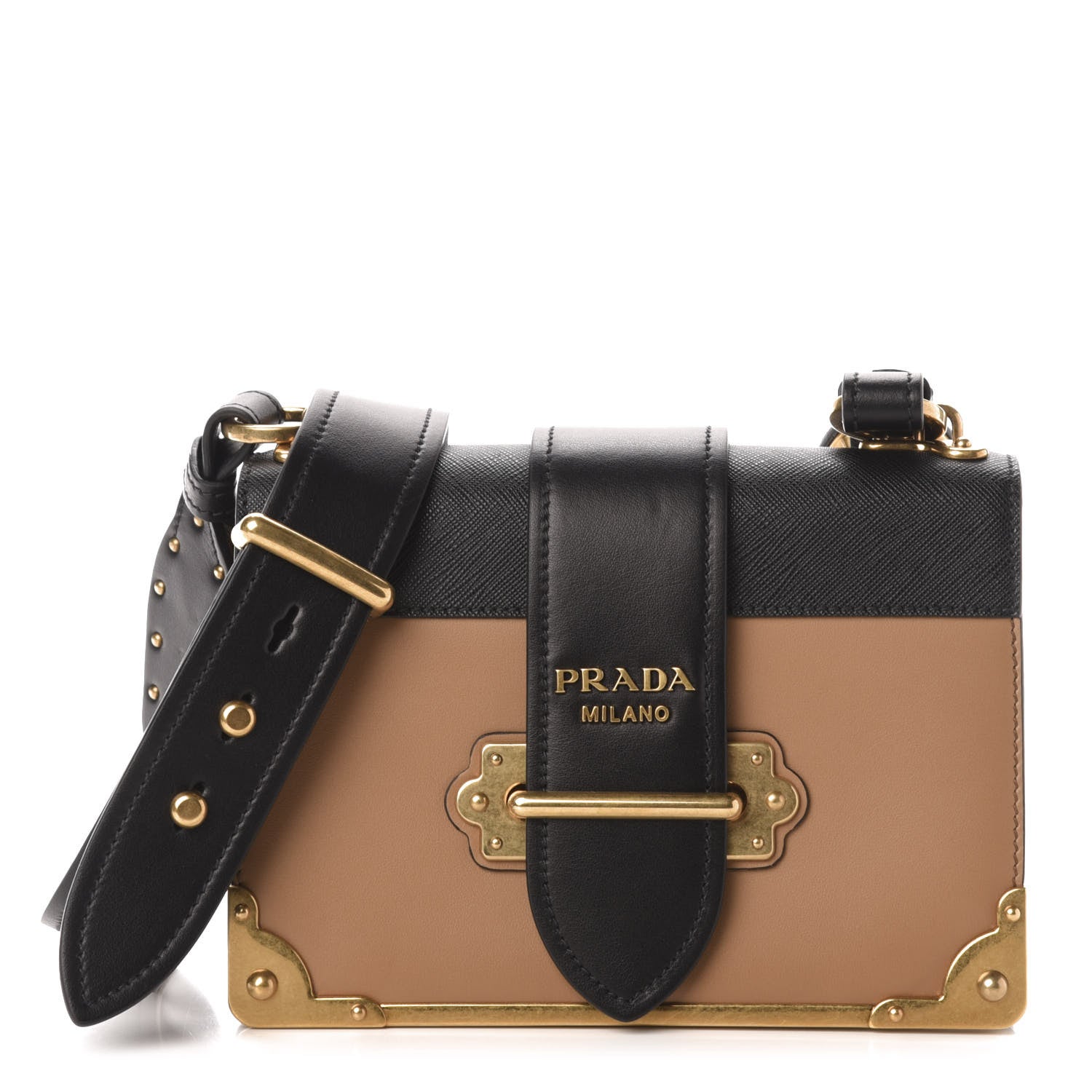 Prada City Calfskin Saffiano Cahier Bag Caramel Black 1 of 9