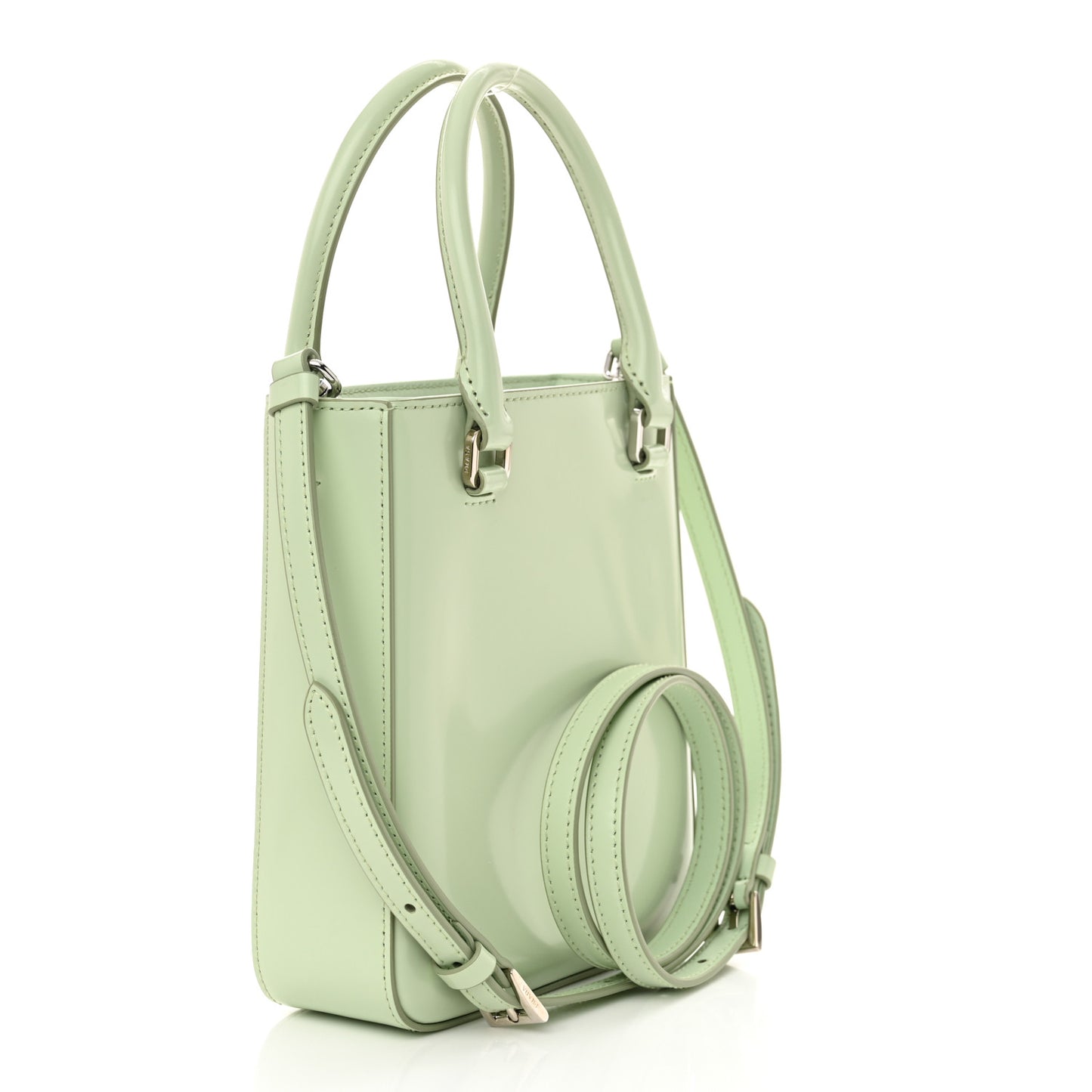 Spazzolato Metal Triangle Logo Small Double Handle Crossbody Tote Acqua