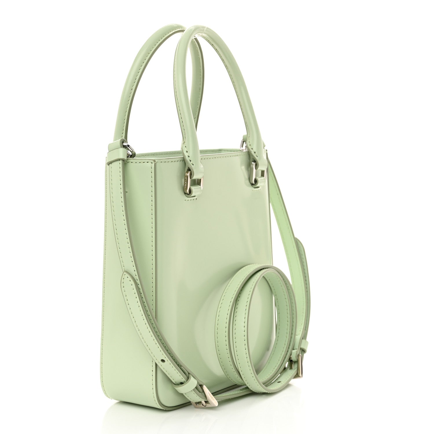 Prada Spazzolato Metal Triangle Logo Small Double Handle Crossbody Tote Acqua 3 of 11