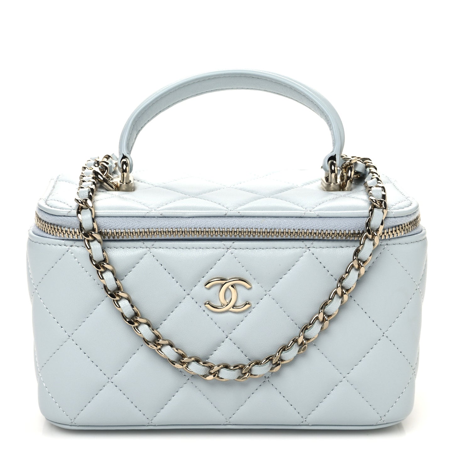 Lambskin Quilted Small Top Handle Vanity Case With Chain Light Blue