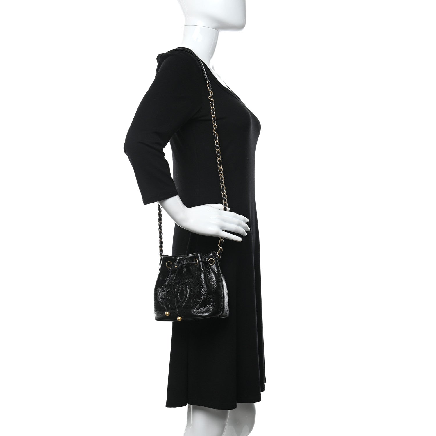 Chanel Shiny Aged Calfskin CC Chain Mini Drawstring Bag Black 2 of 9
