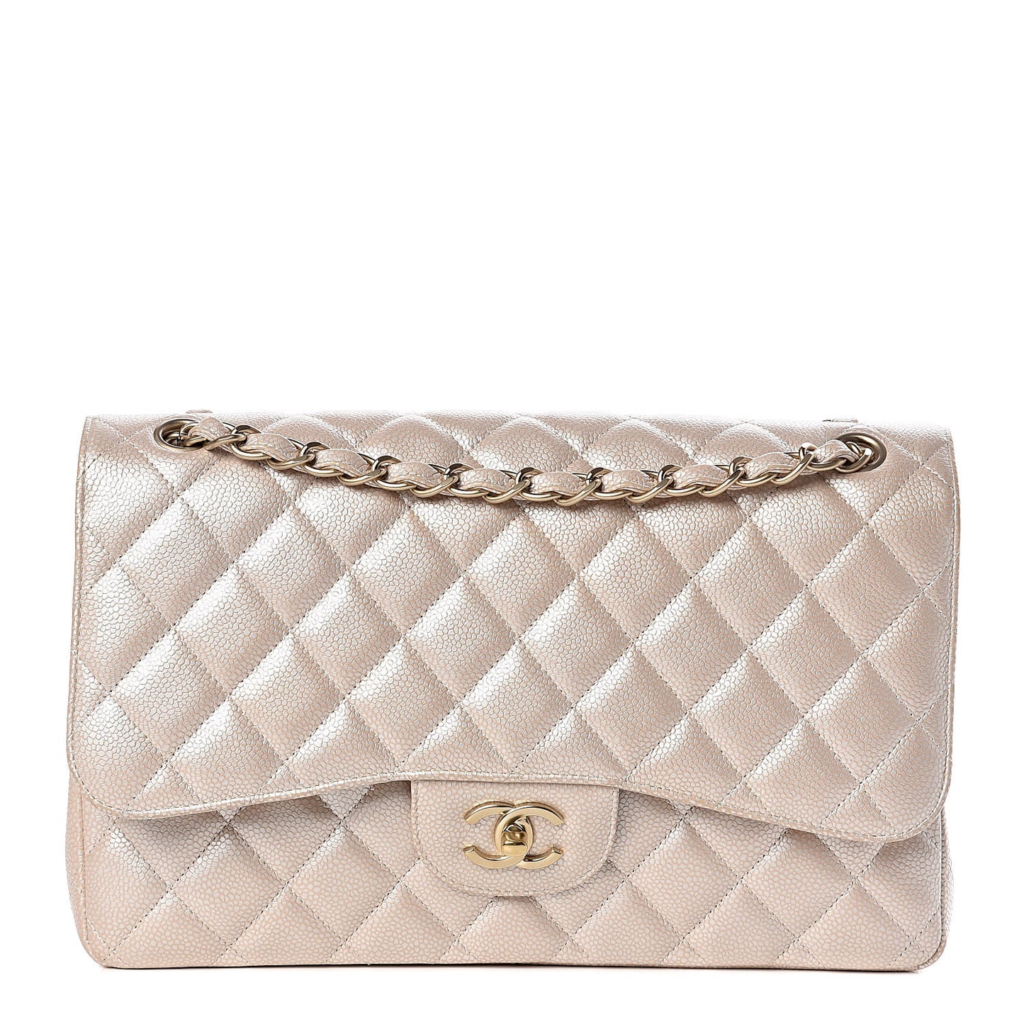 Pearly Caviar Quilted Jumbo Double Flap Light Beige