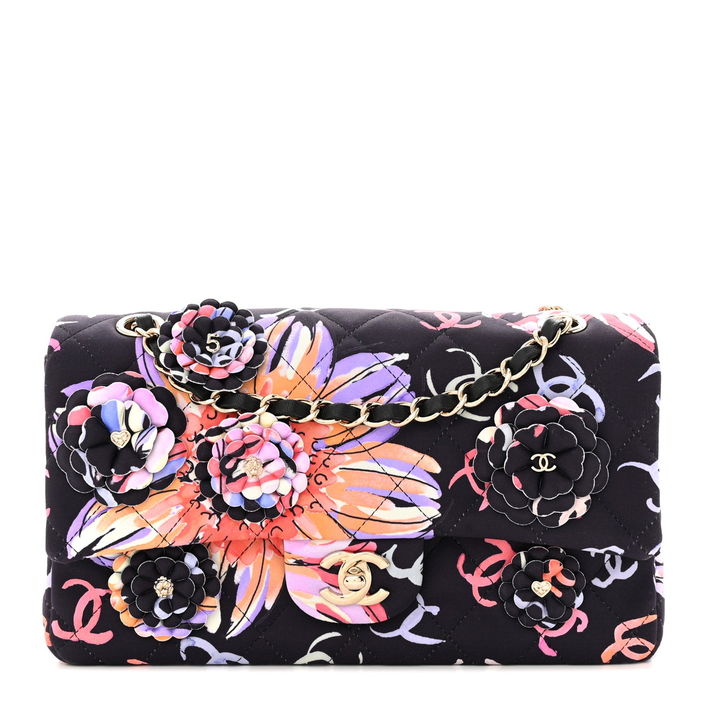 Printed Fabric Quilted Camellia Flap Black Multicolor