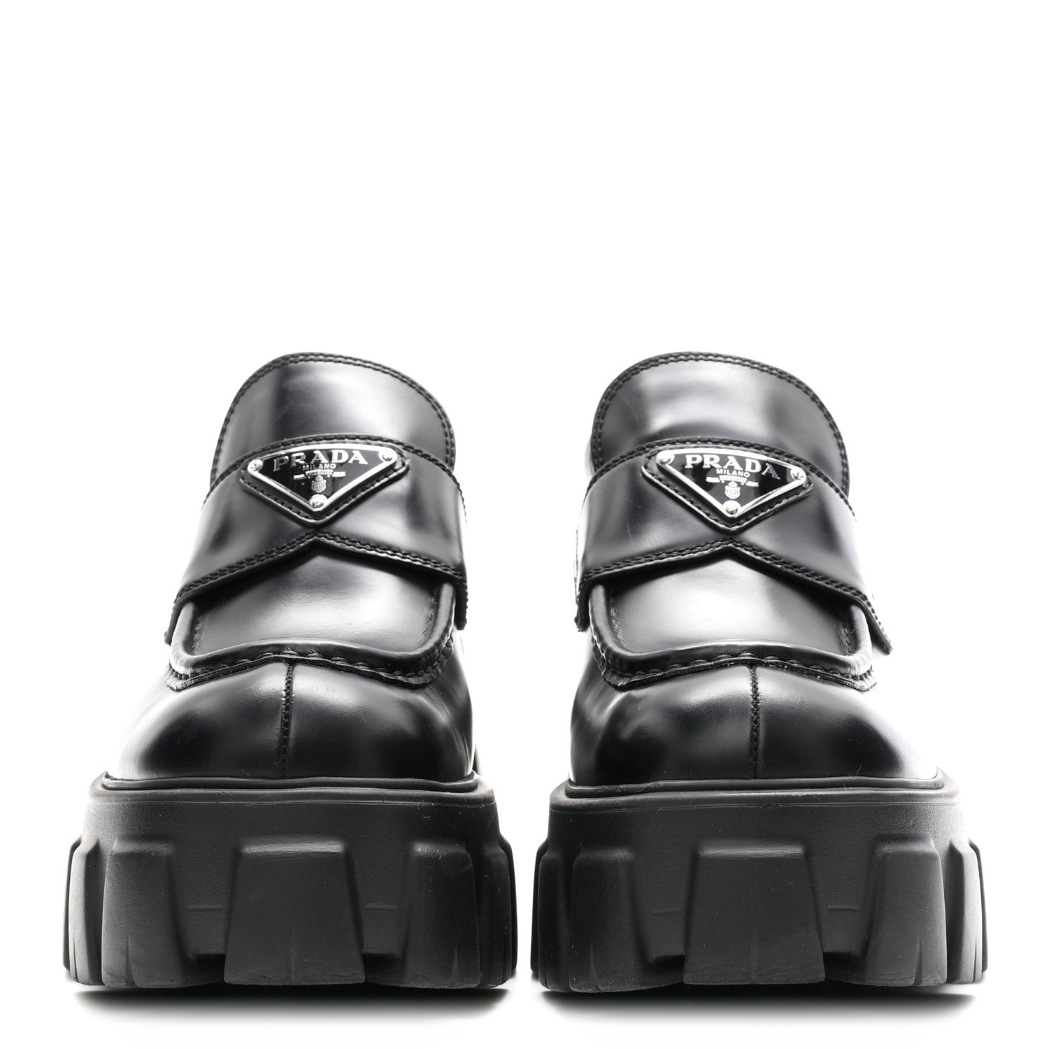 Prada Spazzolato Rois Metal Triangle Logo Monolith 55mm Loafers 37 Black 3 of 9