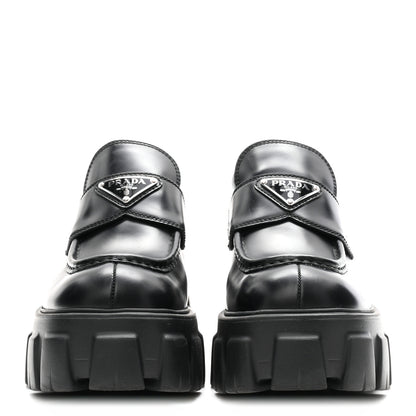 Prada Spazzolato Rois Metal Triangle Logo Monolith 55mm Loafers 37 Black 3 of 9