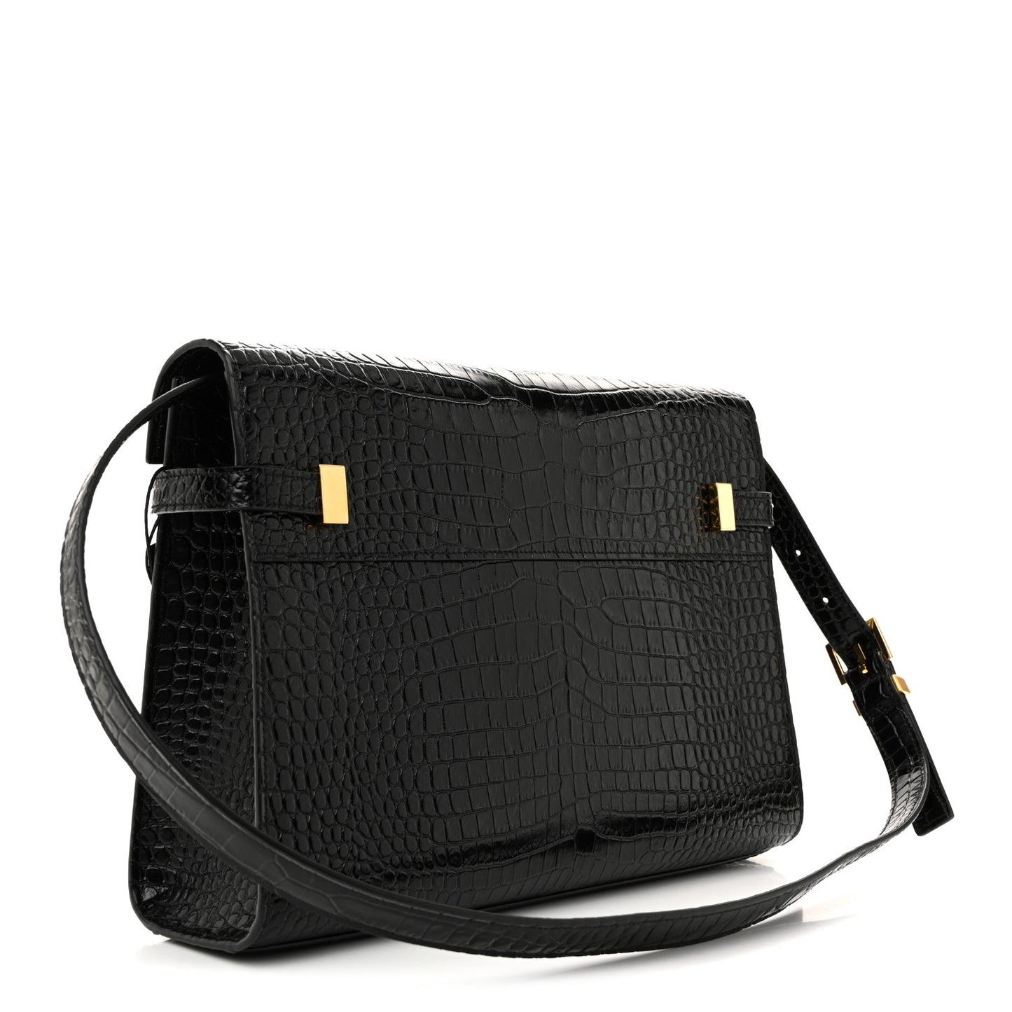 Shiny Calfskin Crocodile Embossed Manhattan Baguette Black