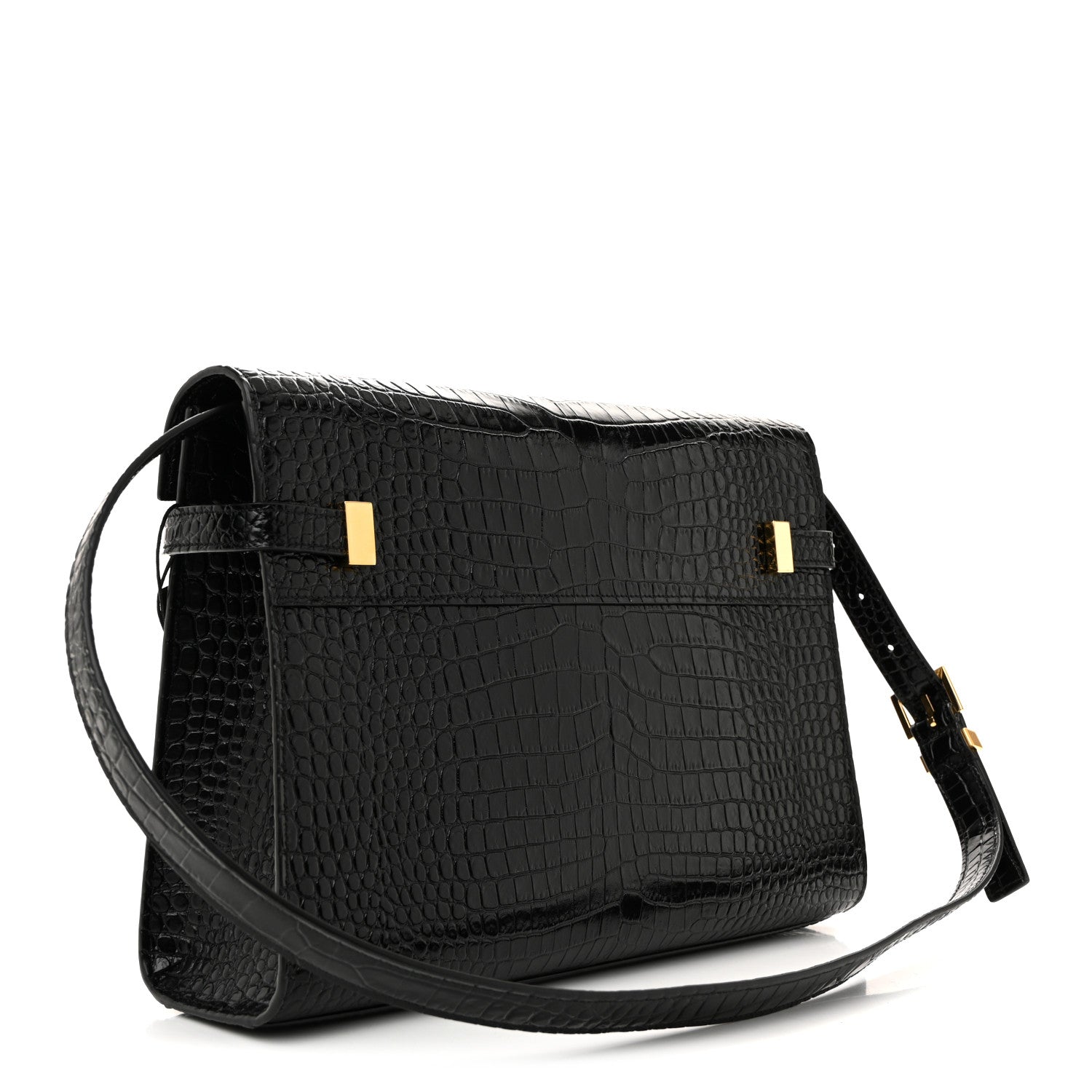 Saint Laurent Shiny Calfskin Crocodile Embossed Manhattan Baguette Black 3 of 10