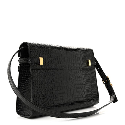 Saint Laurent Shiny Calfskin Crocodile Embossed Manhattan Baguette Black 3 of 10