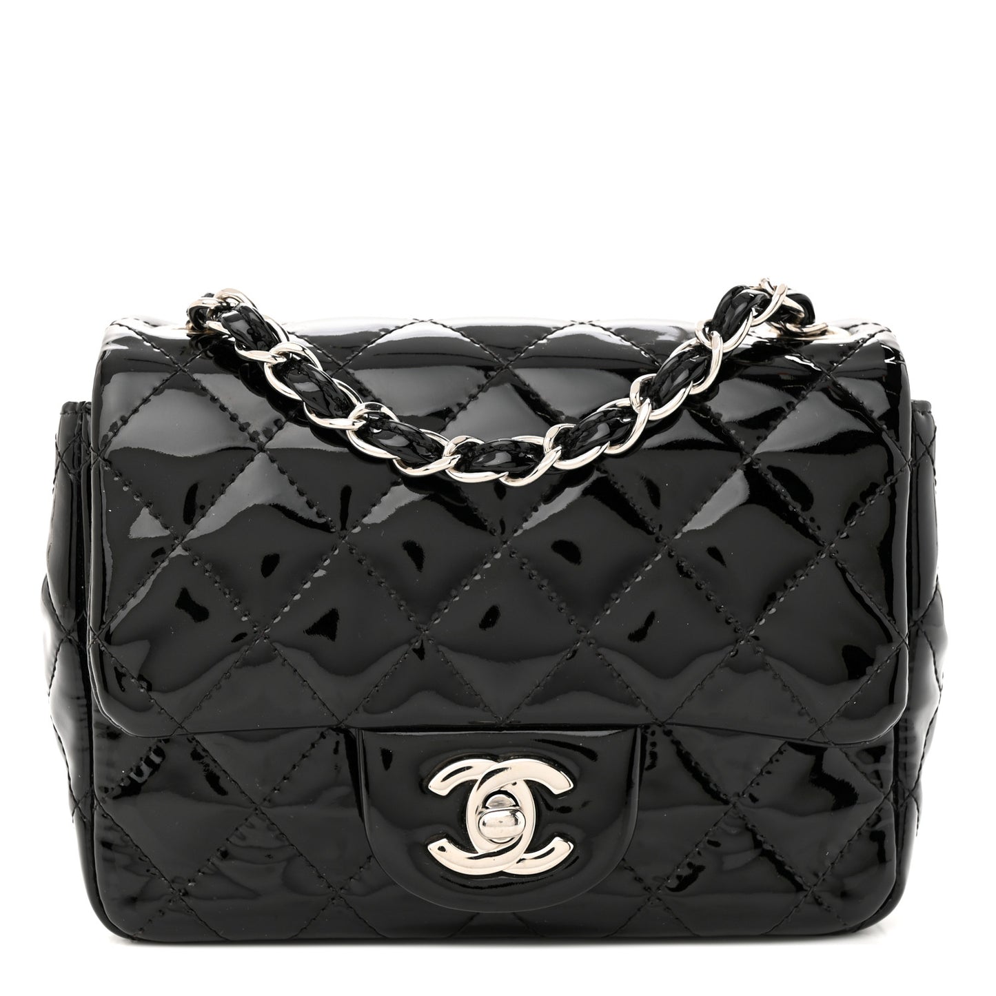 Patent Calfskin Quilted Mini Square Flap Black