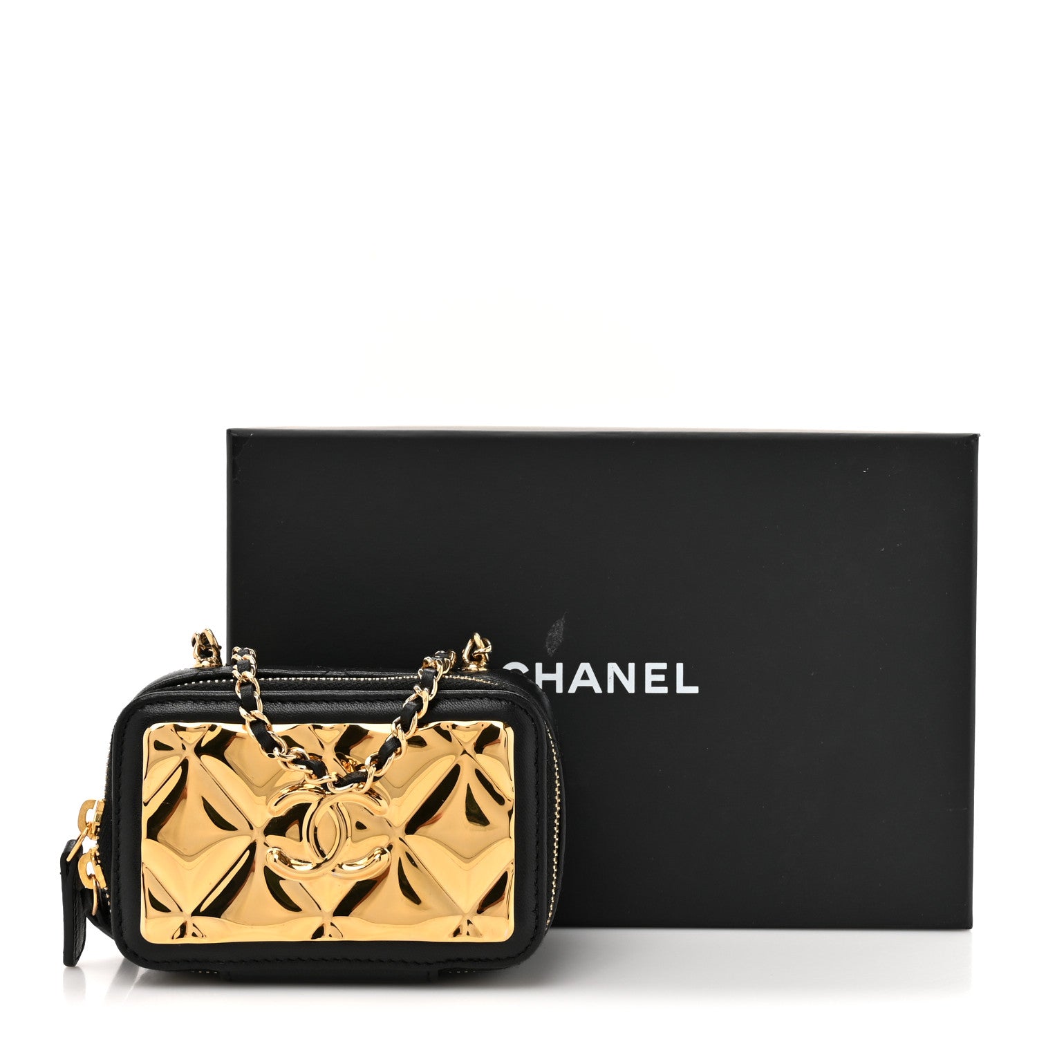 Chanel Lambskin Quilted Mini Golden Plate Clutch With Chain Black