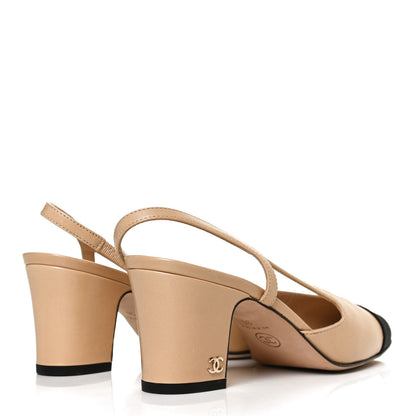 Chanel Goatskin Grosgrain Cap Toe CC Slingback Pumps 36 Beige Black 4 of 11