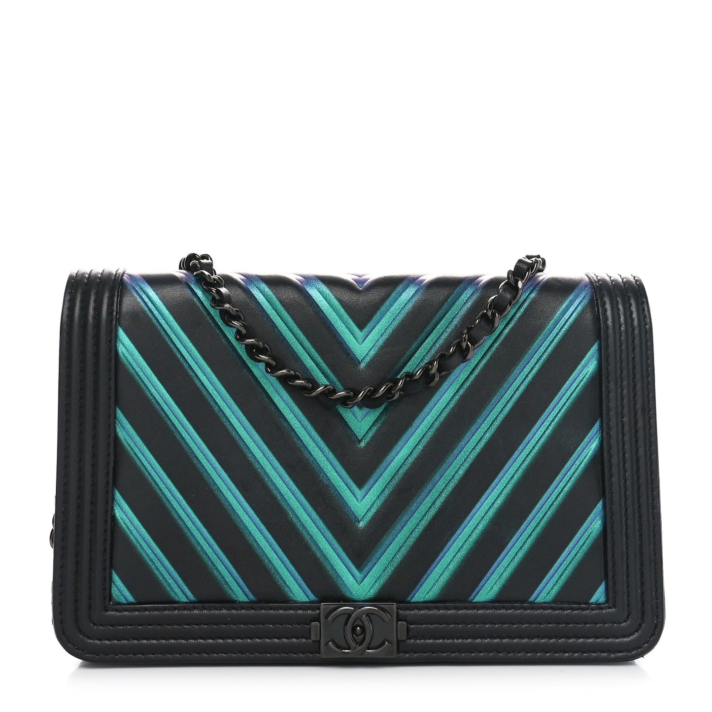 Calfskin Painted Chevron Embossed Boy Wallet On Chain WOC Black
