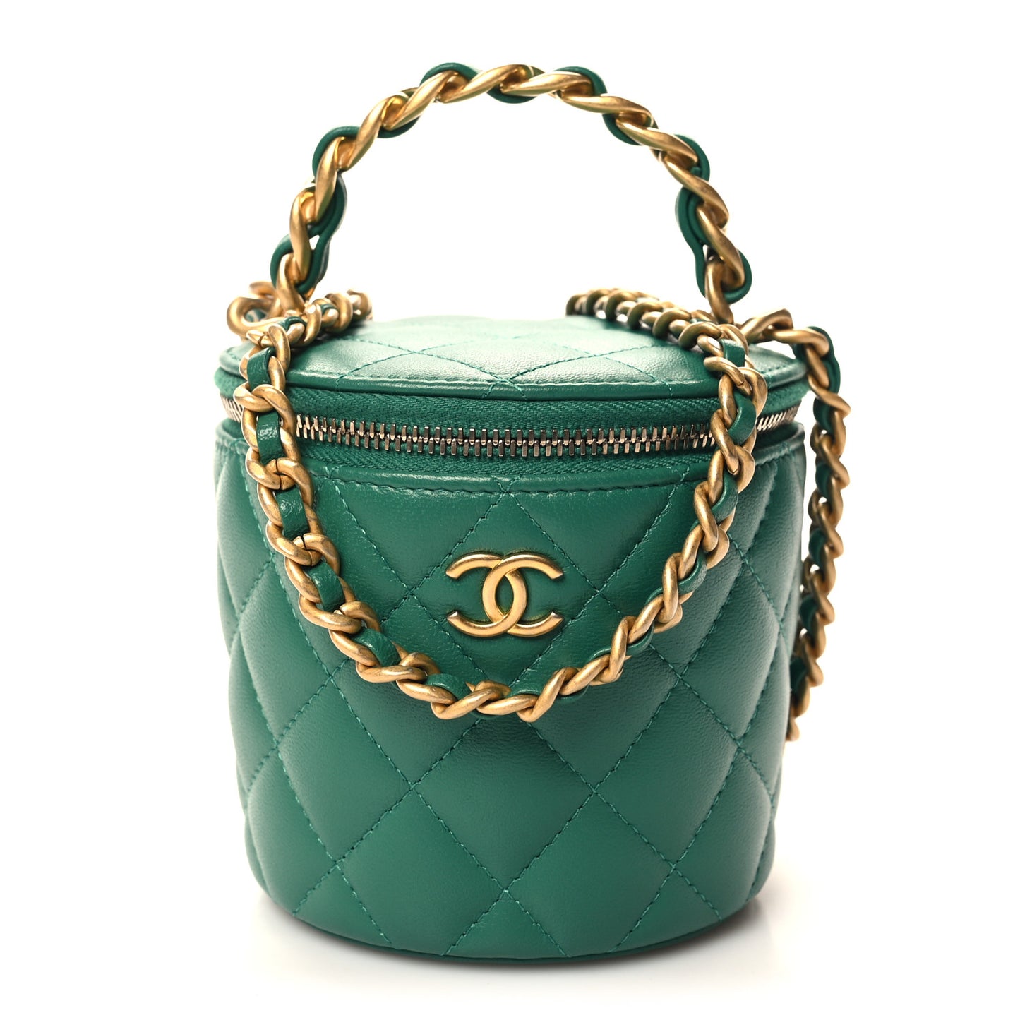 Lambskin Quilted Afternoon Tea Top Handle Vanity Case With Chain Green