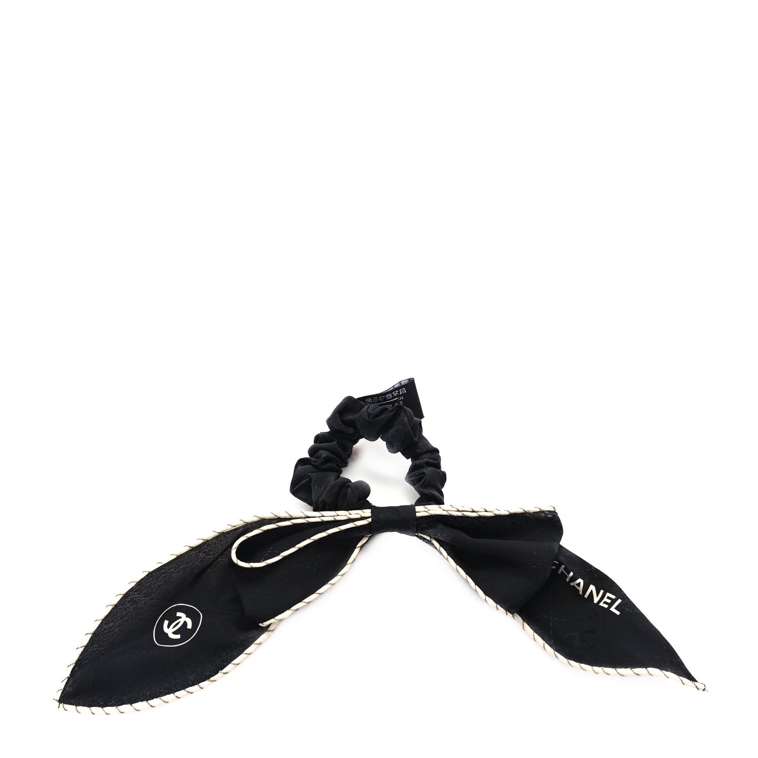 Chanel Silk CC Bow Hair Tie Black Ecru 1 of 3