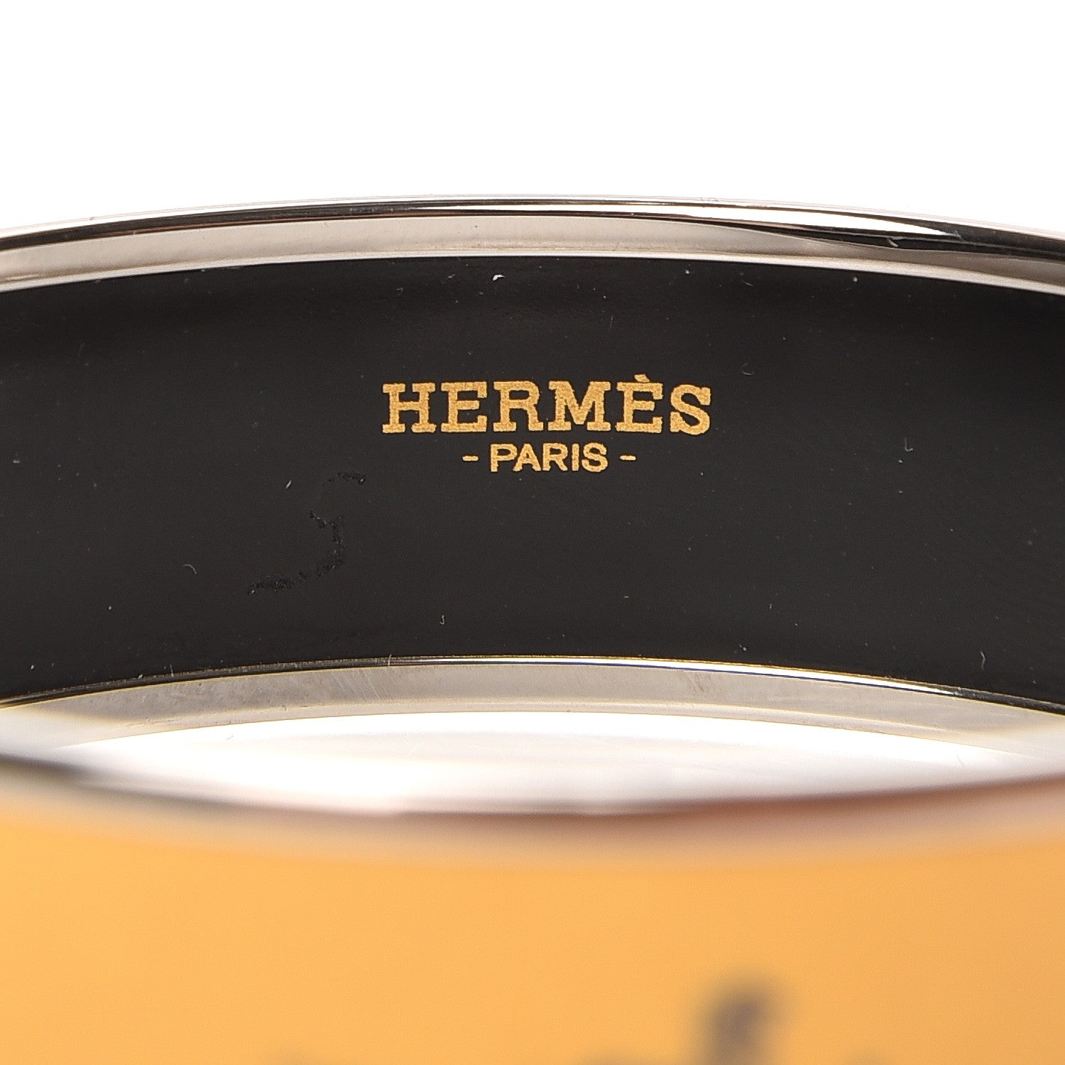 Hermes Enamel Printed Wide Caleche Bracelet 70 Jaune De Mars 3 of 5