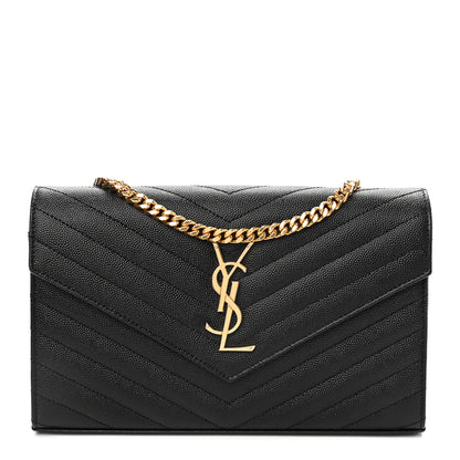 Saint Laurent Grain De Poudre Matelasse Chevron Monogram Chain Wallet Black 1 of 8