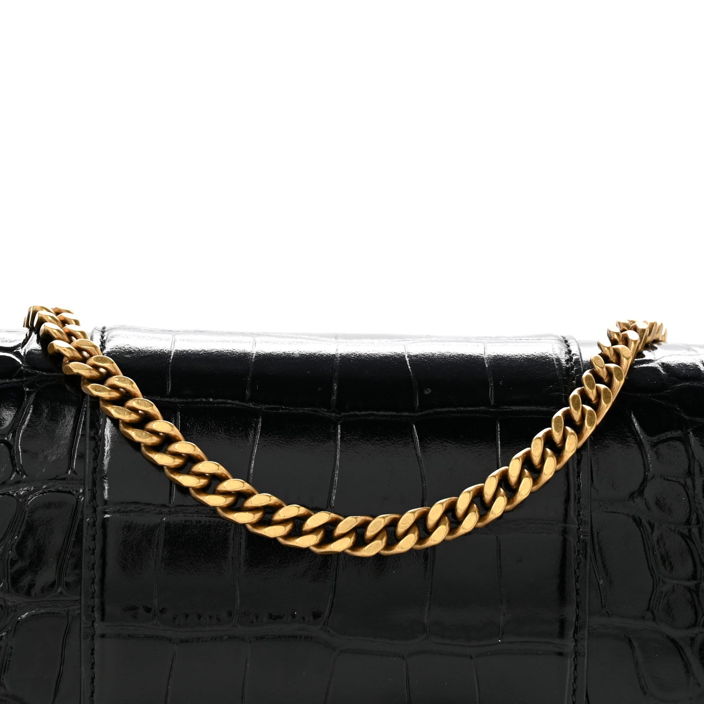 Shiny Calfskin Crocodile Embossed Hourglass Chain Bag Black