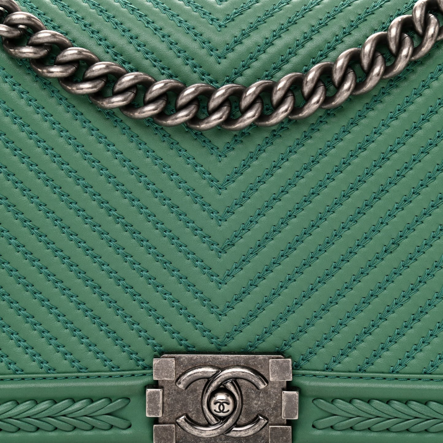 Calfskin Chevron Quilted New Medium Braided Boy Flap Green