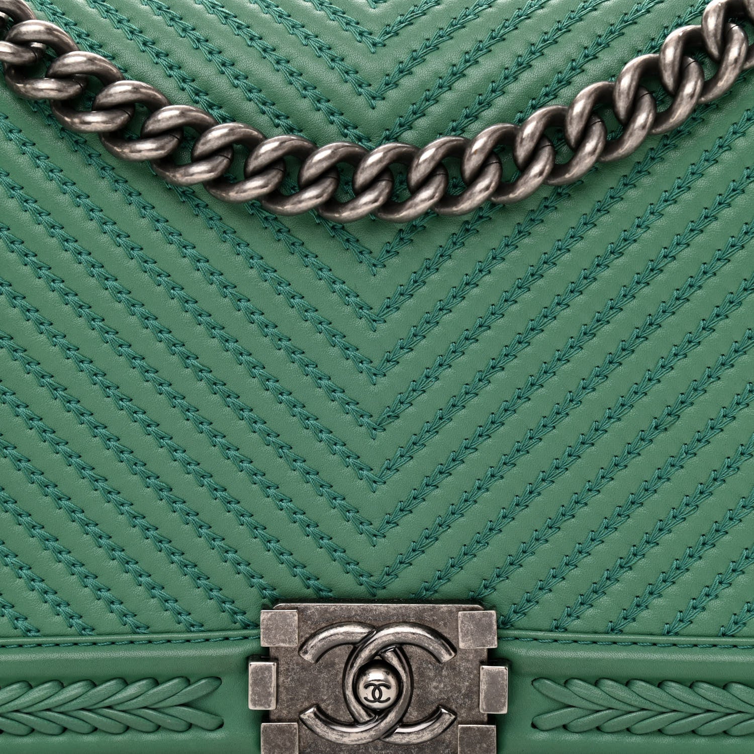 Chanel Calfskin Chevron Quilted New Medium Braided Boy Flap Green 8 of 10