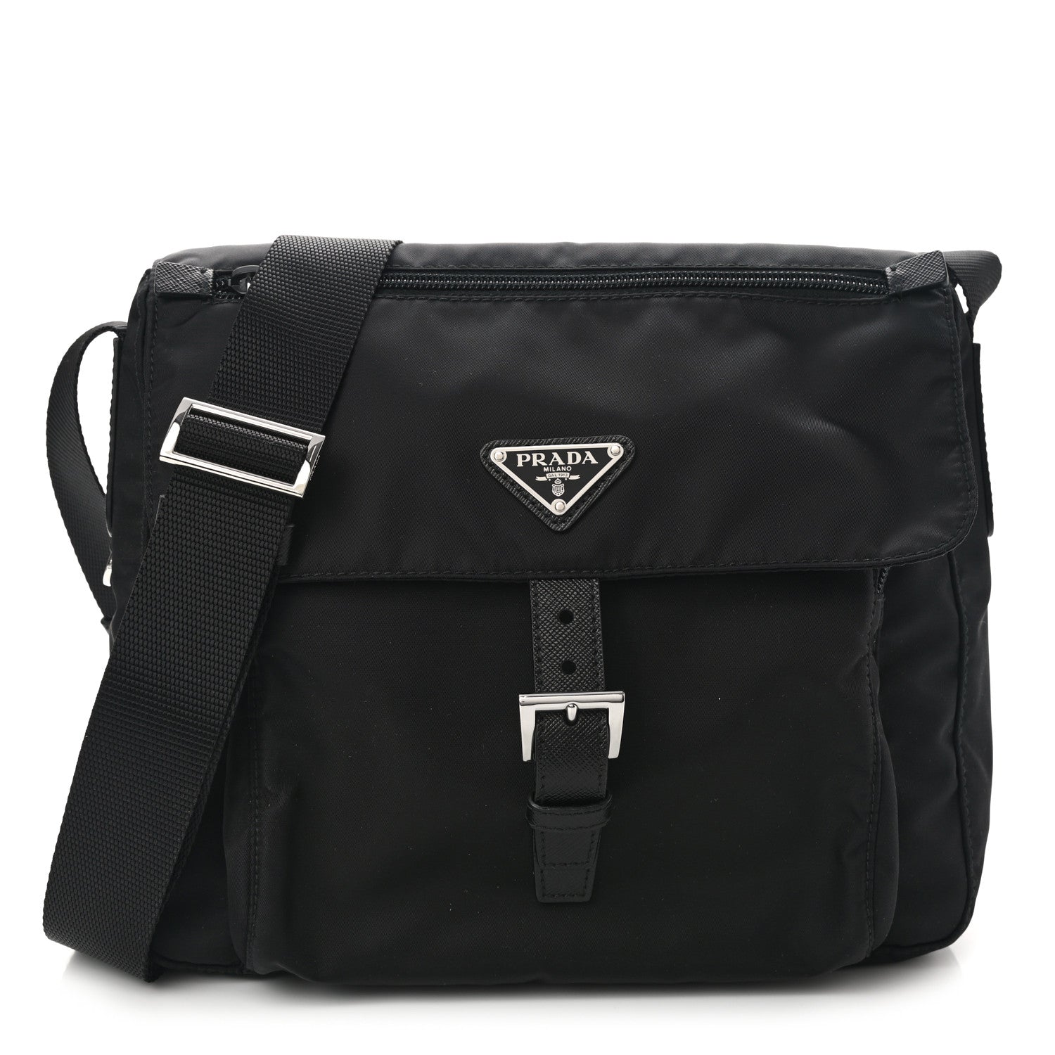 Prada Re-Nylon Vela Saffiano Pocket Single Buckle Messenger Shoulder Bag Black 1 of 11