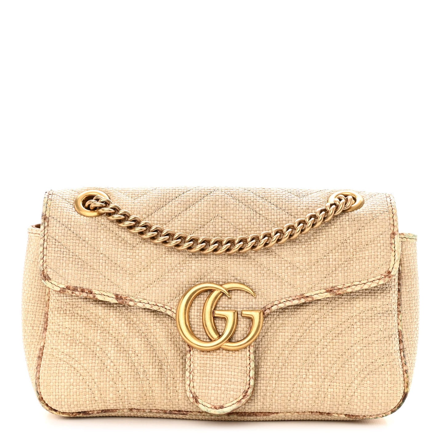 Raffia Elaphe Matelasse Small GG Marmont Shoulder Bag Natural Cream Brown