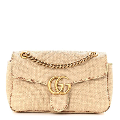 Gucci Raffia Elaphe Matelasse Small GG Marmont Shoulder Bag Natural Cream Brown 1 of 11