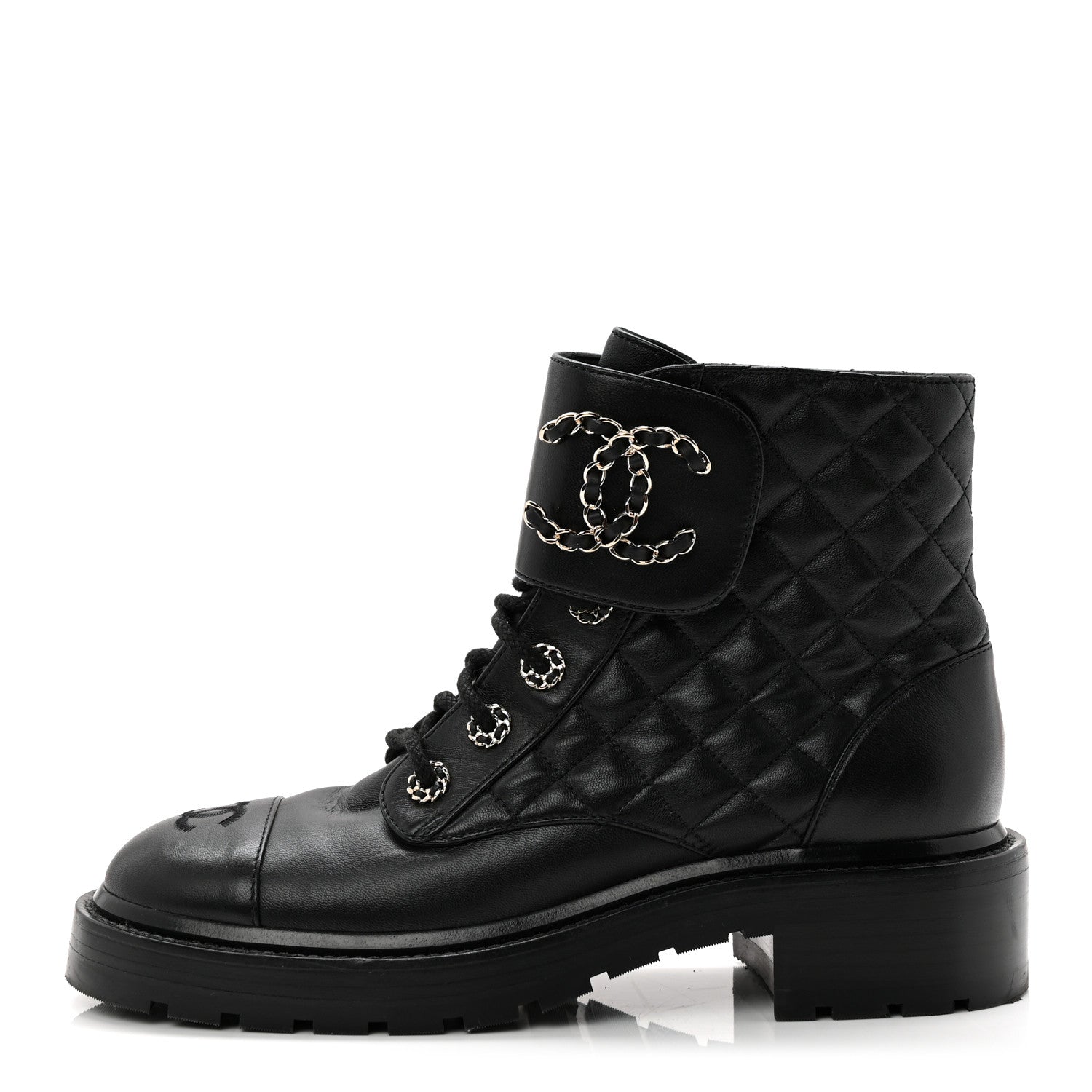 Chanel Shiny Lambskin Quilted Lace Up Combat Boots 38.5 Black 1 of 9