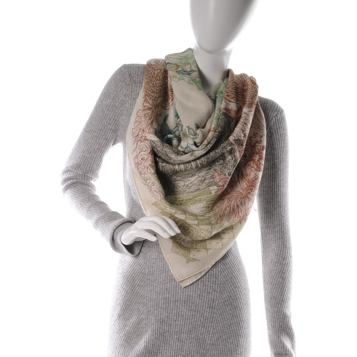Hermes Cashmere Silk Le Jardin de Leila Shawl 140 Blanc Vert Brun 2 of 8