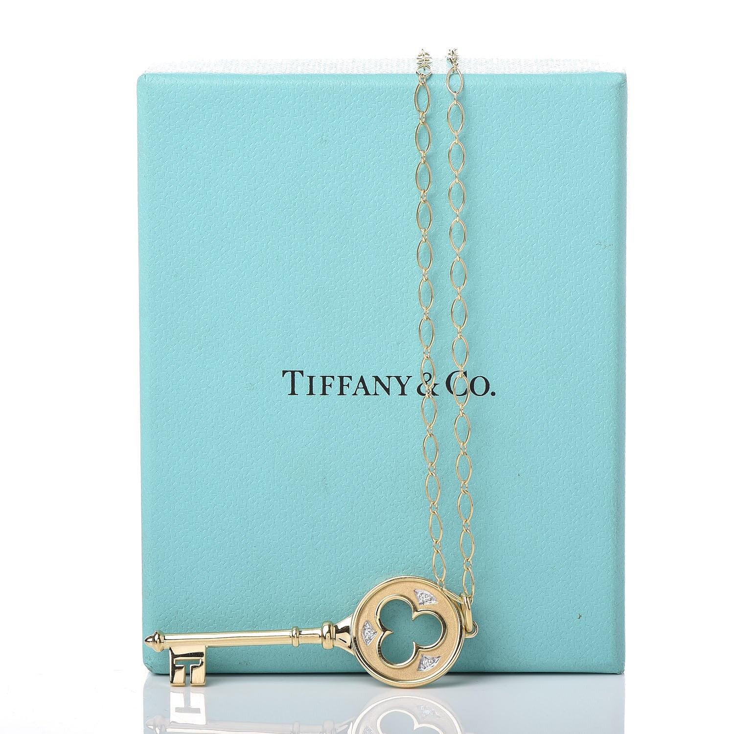 Tiffany 18K Yellow Gold Diamond Clover Key Pendant Necklace 8 of 8