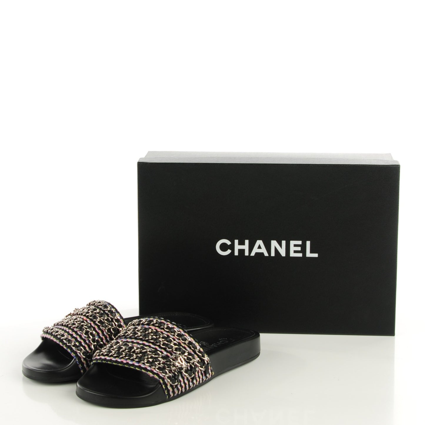 Tweed Lambskin Chain Flat Mules 37 Black Multicolor