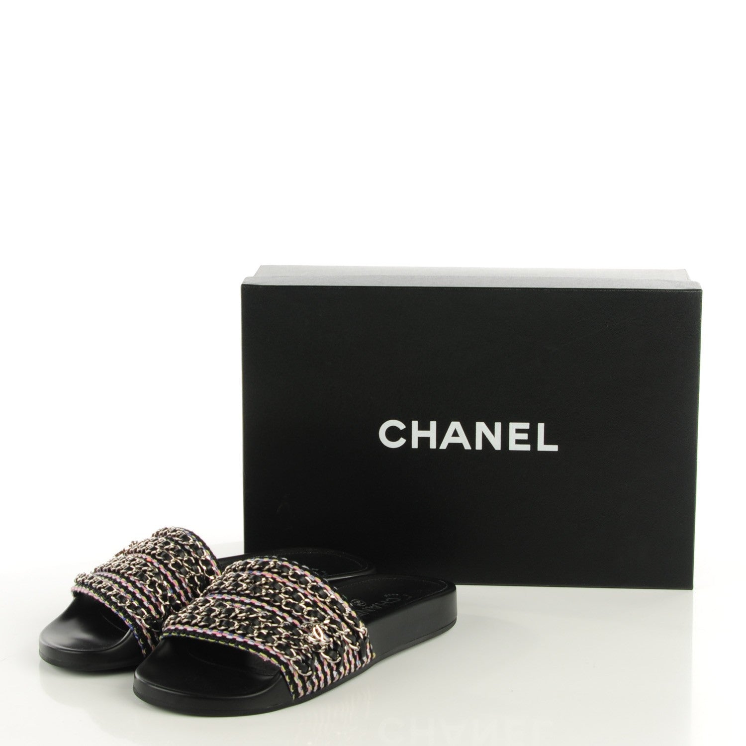 Chanel Tweed Lambskin Chain Flat Mules 37 Black Multicolor 8 of 8