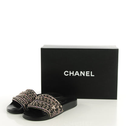 Chanel Tweed Lambskin Chain Flat Mules 37 Black Multicolor 8 of 8