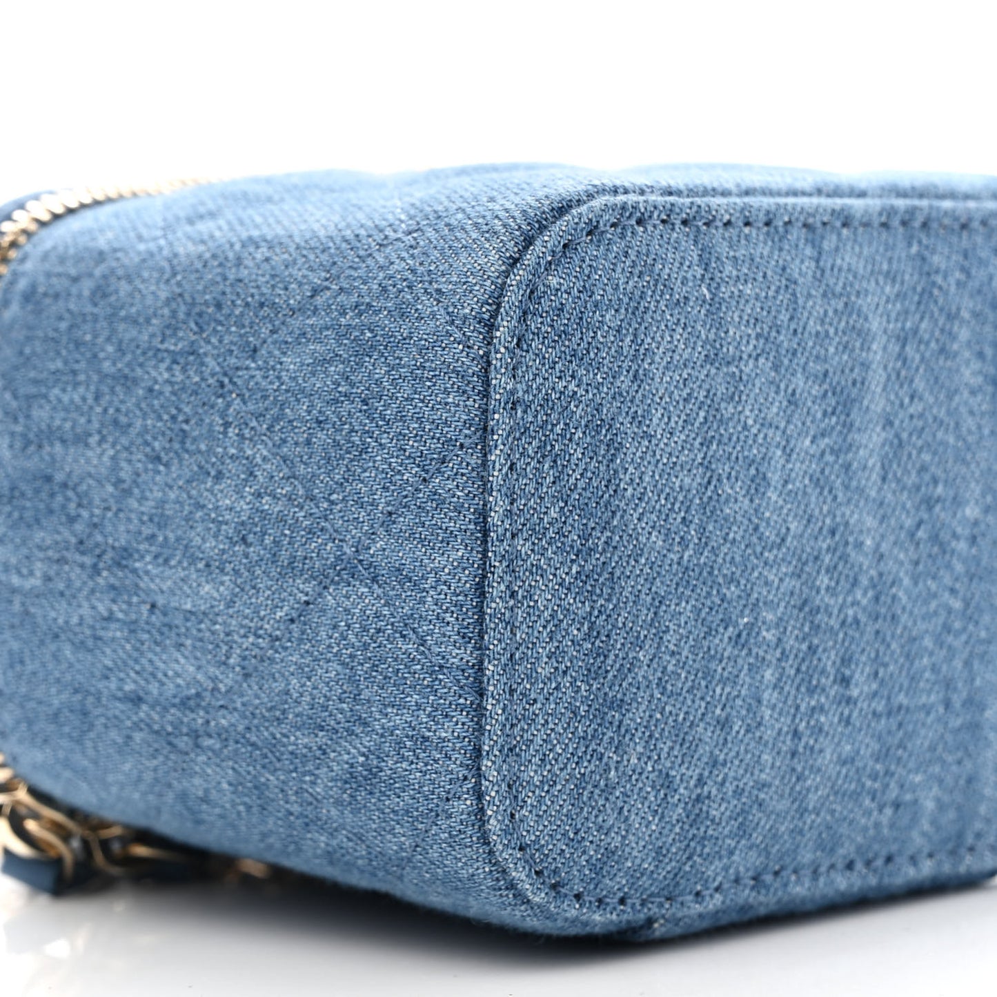 Denim Quilted Mini Pearl Crush Vanity Case With Chain