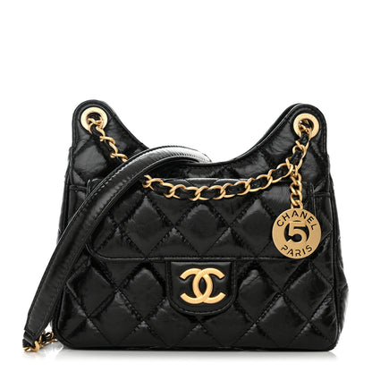 Chanel Shiny Crumpled Calfskin Quilted Small Wavy CC Hobo Black 1 of 11