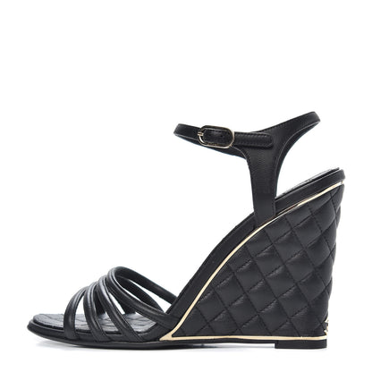 Chanel Lambskin Quilted Wedge Sandals 38 Black 1 of 9