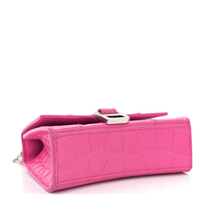 Balenciaga Shiny Calfskin Crocodile Embossed Hourglass Top Handle Bag Mini with Chain Neon Pink 4 of 13