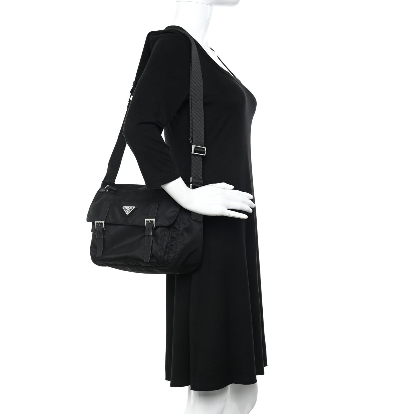 Re-Nylon Vela Saffiano Pocket Double Buckle Messenger Shoulder Bag Black