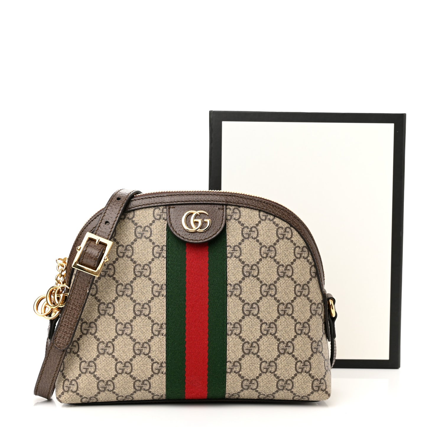 GG Supreme Monogram Textured Dollar Calfskin Web Small Ophidia Dome Shoulder Bag Beige Ebony New Acero
