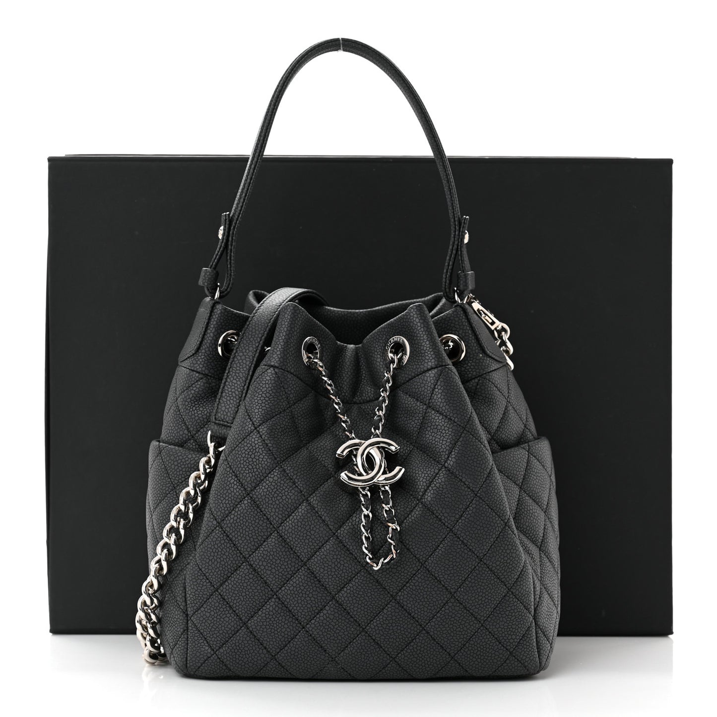 Caviar Flat Quilted CC Chain Bucket Drawstring Bag Black