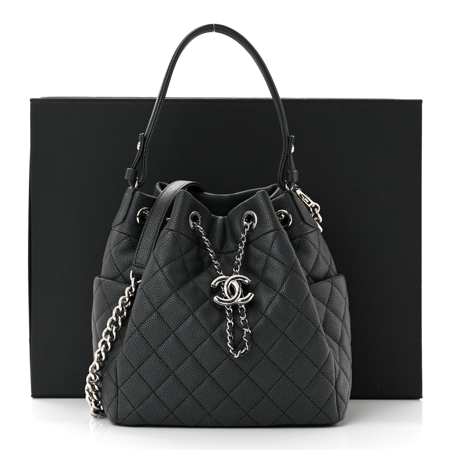 Chanel Caviar Flat Quilted CC Chain Bucket Drawstring Bag Black 11 of 11