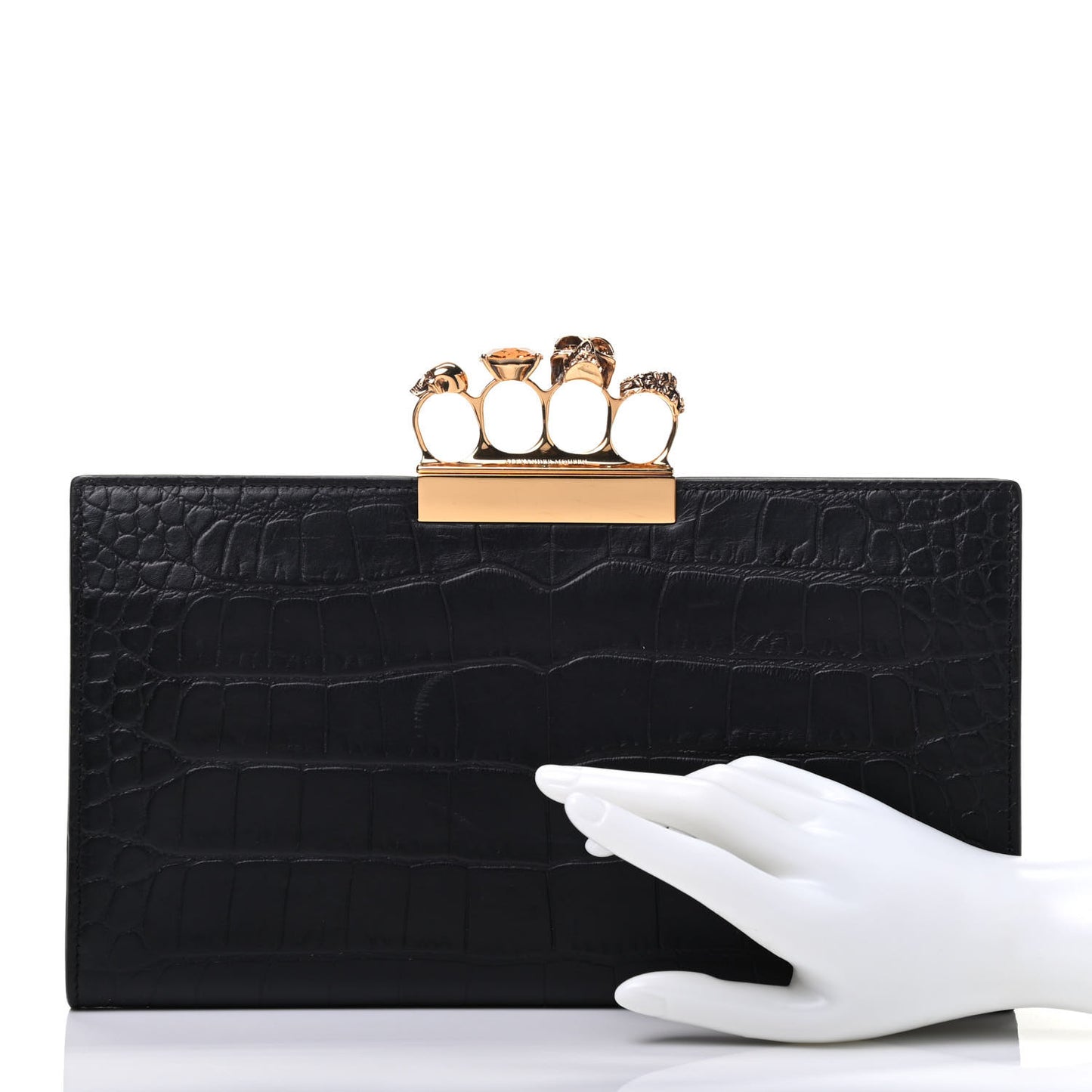 Calfskin Crocodile Embossed Knuckle Flat Clutch Black Gold