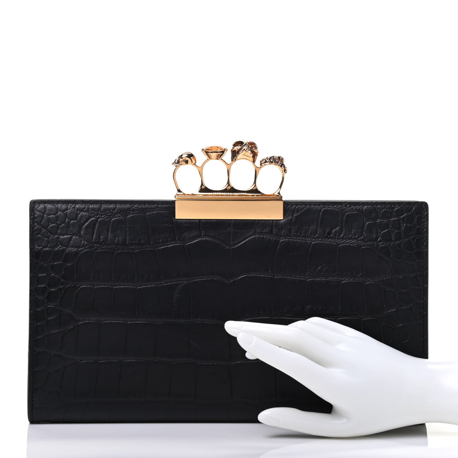 Alexander McQueen Calfskin Crocodile Embossed Knuckle Flat Clutch Black Gold 2 of 9