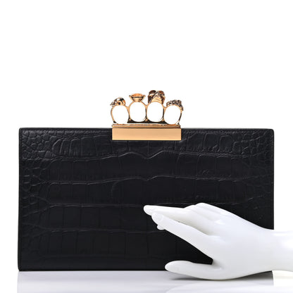 Alexander McQueen Calfskin Crocodile Embossed Knuckle Flat Clutch Black Gold 2 of 9